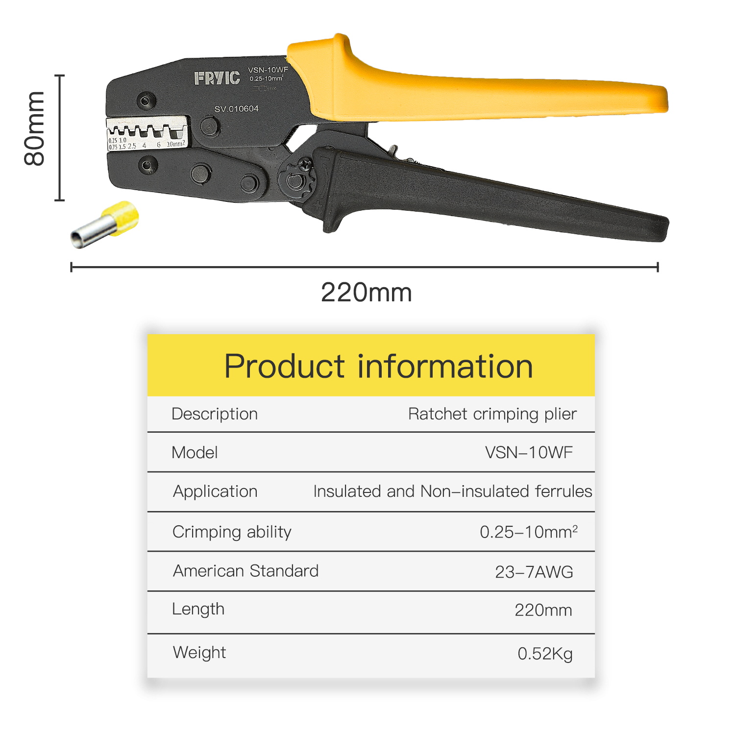 Ratchet Crimping Plier VSN-10WF Used for 23-7 AWG Insulated and Non-insulated Ferrules Crimping Tool 