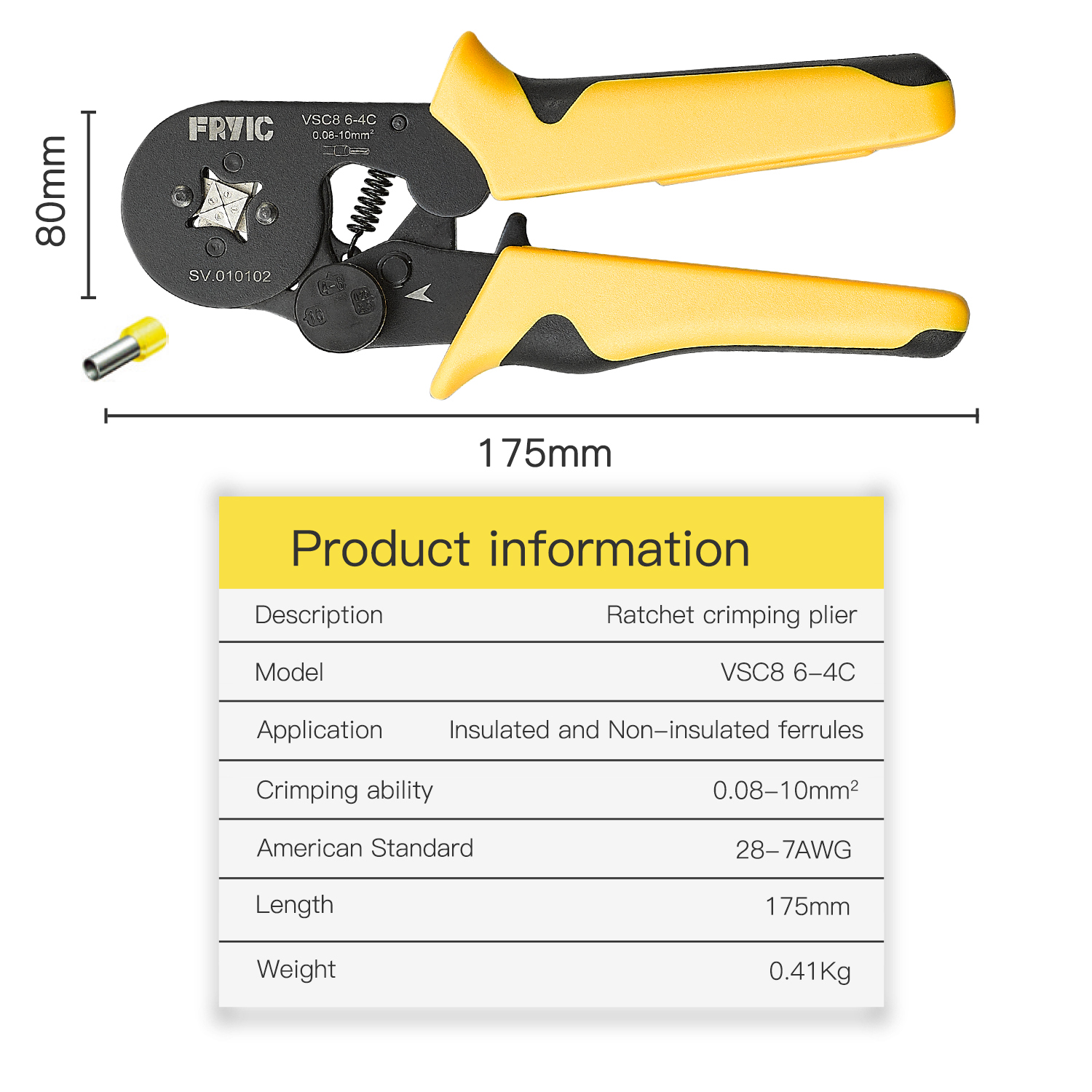 Square Crimping Plier VSC8 6-4C Used for 28-8 AWG Vinyl-Insulated Cord End Terminals 